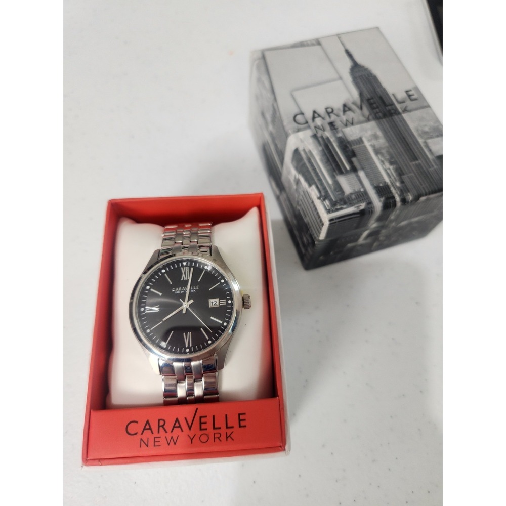 Caravelle Bulova Men's Watch 43B158 Silver Stainless Steel Black Dial NIB NWT